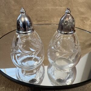 Fostoria Holly Salt & Pepper Shaker Set Vintage 1950s with Chrome Tops 2.75"